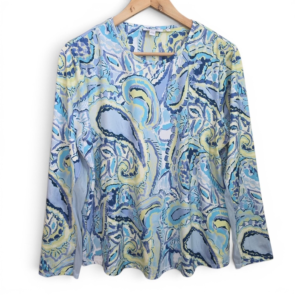 Chicos Top Womens 2 US Large Blue Paisley Print Mesh Panel Sleeve Lightweight